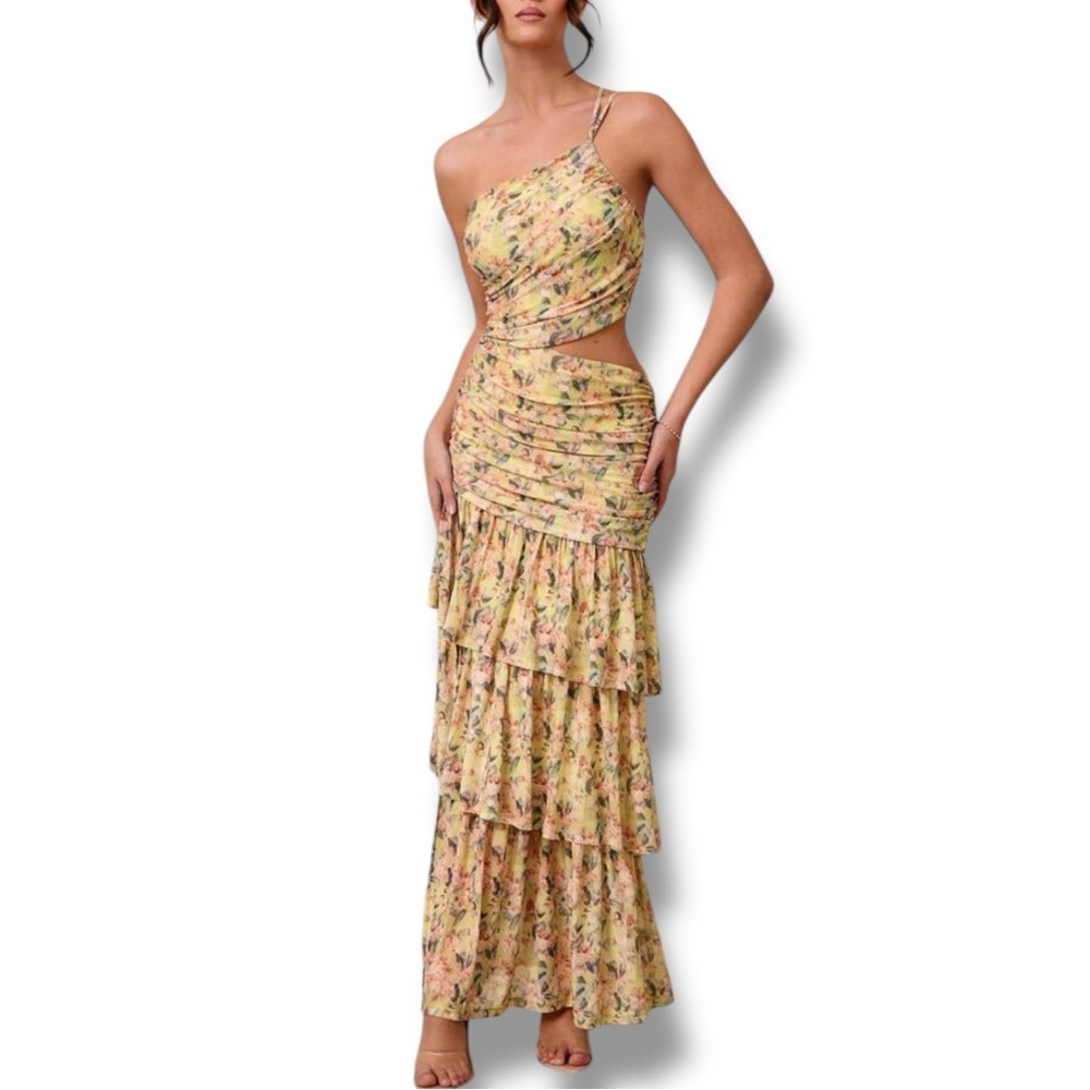 Closet Clear Out Sales Price Ends Tonight Floral One-Shoulder Cut Out Maxi Dress - Picture 2 of 3